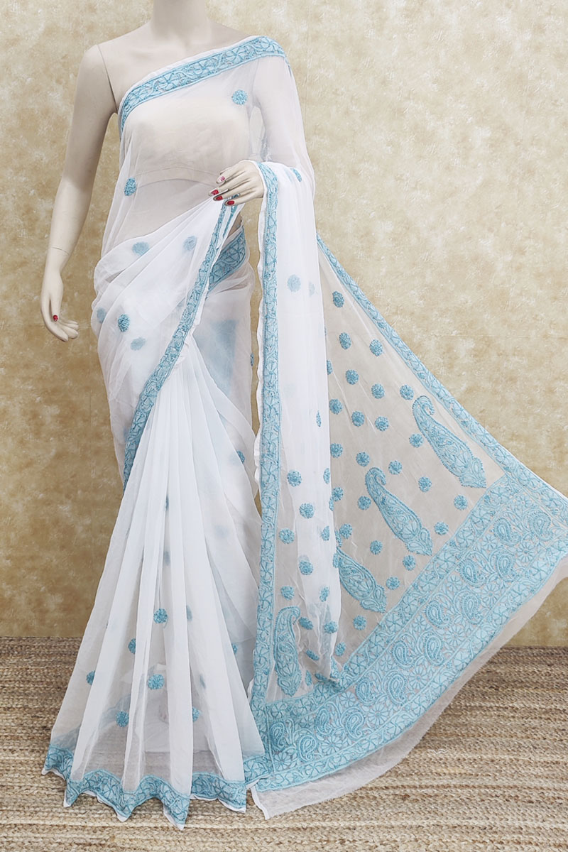 White Colour Hand Embroidered Lucknowi Chikankari Saree ( With Blouse- Georgette ) MC251940